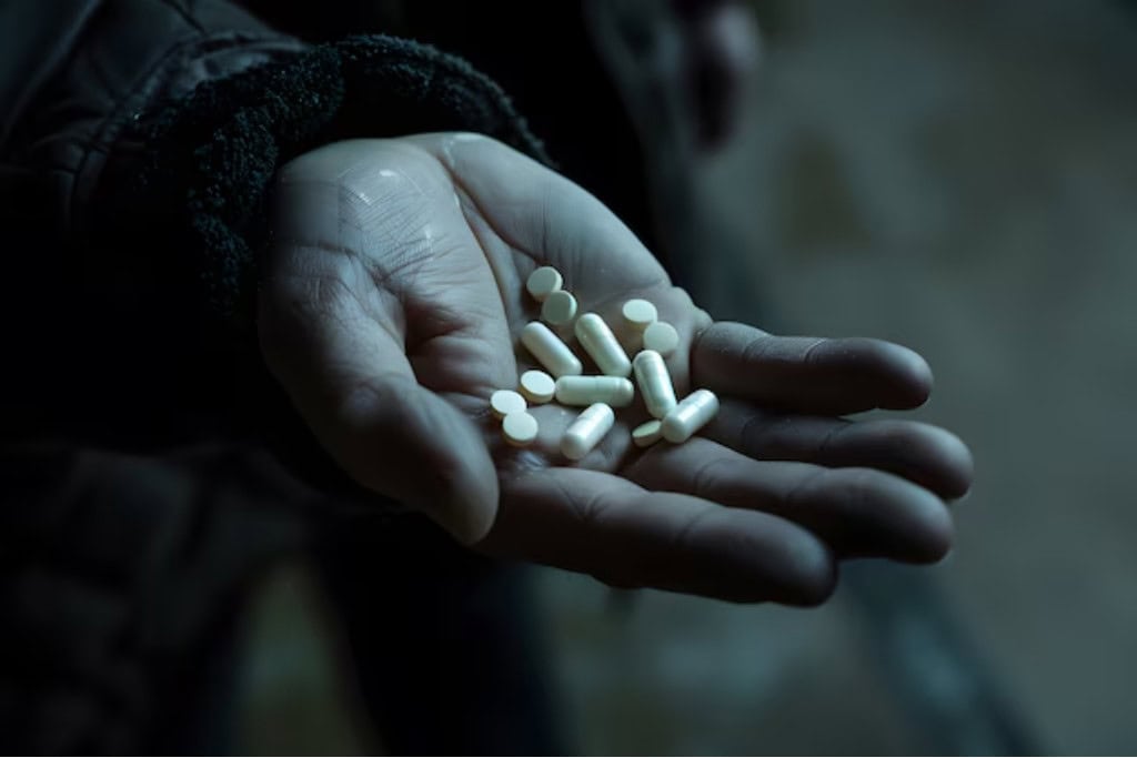 Close-up of a hand holding multiple white pills, symbolizing medication and substance use. This represents a scenario where individuals may require Xanax addiction treatment in Reseda CA for recovery and support.