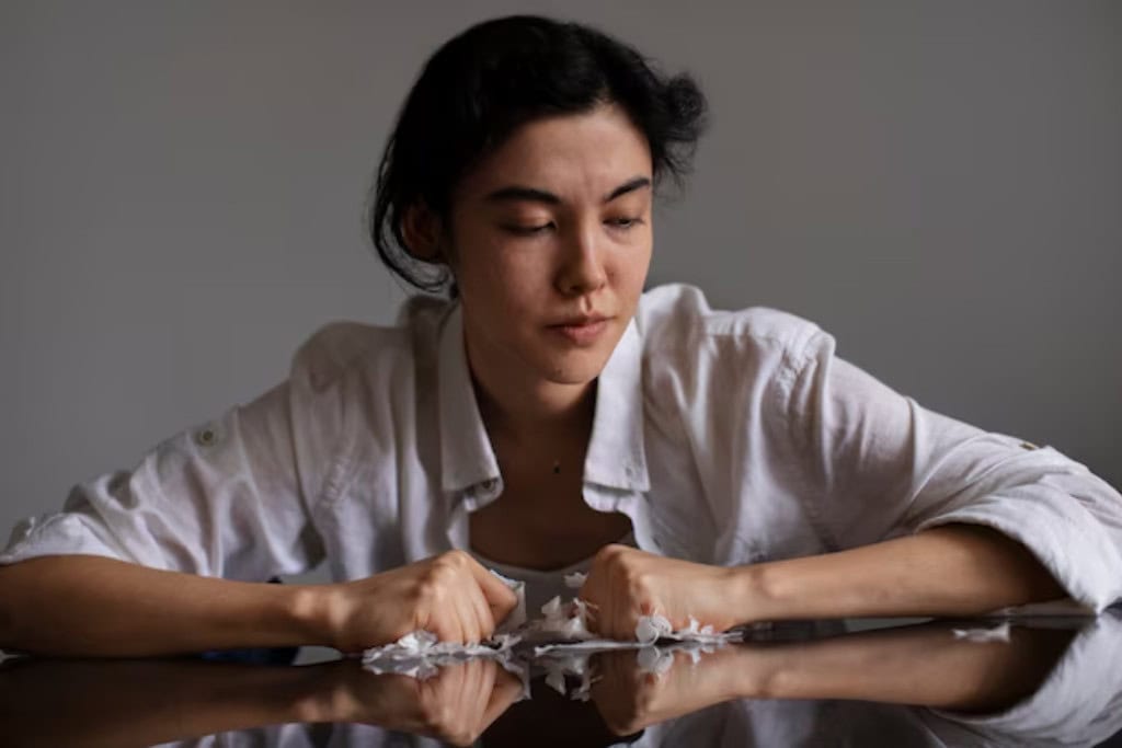 A young woman with a frustrated expression, her hands clenched on a table, capturing the emotional turmoil associated with depression. This portrays the importance of depression treatment in Reseda, CA.
