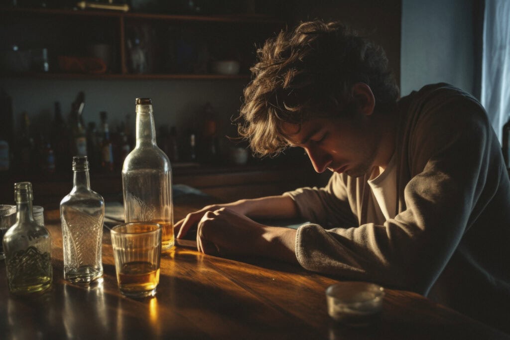 Individual sitting at a table surrounded by bottles, reflecting on their struggle, symbolizing the need for alcohol rehab in Reseda, CA.